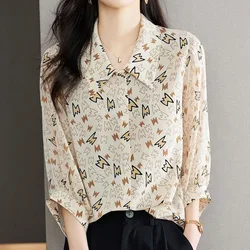 2024 Summer Three Quarter Sleeve Chiffon Buttons Shirt Female Loose Fashion All-match Printing Blouses Elegant Women's Clothing