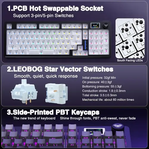 Imagen 2 del producto Teclado mecánico inalámbrico AULA S98pro, junta de tres modos, teclado RGB para juegos Esports de intercambio en caliente con TFT y perilla multifunción