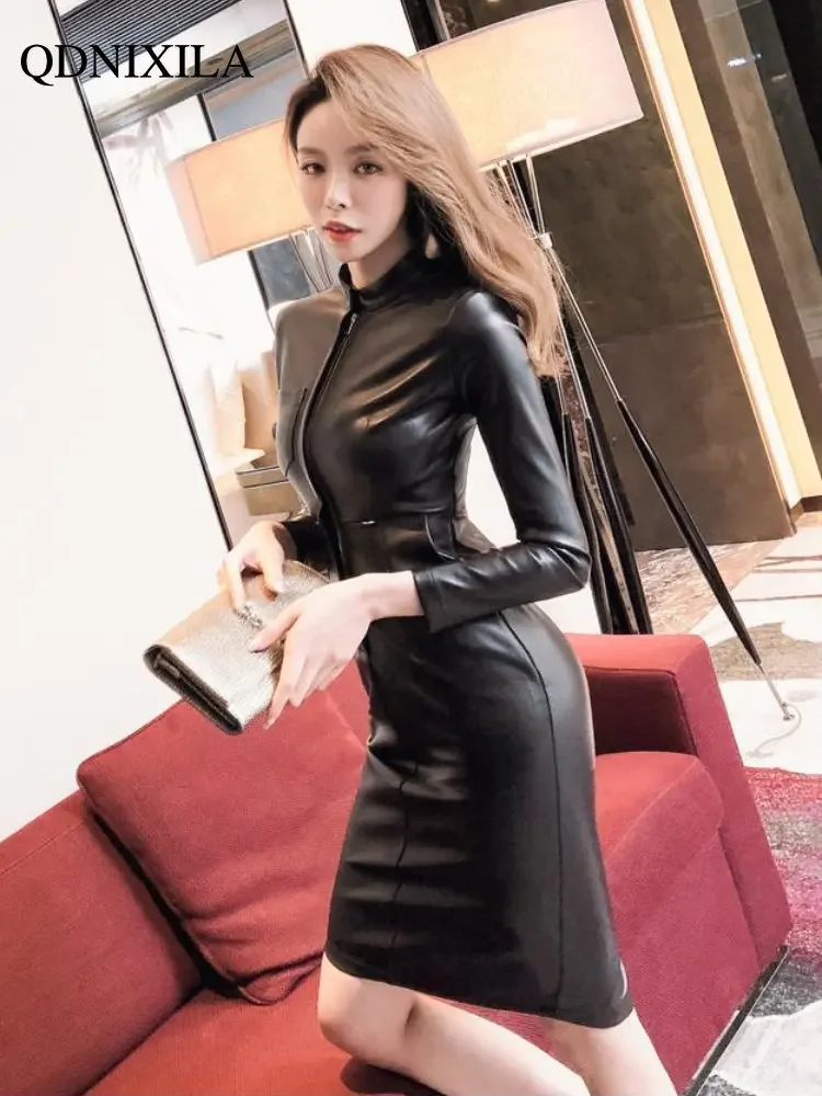 Women\'s PU Leather Slimming Dress, Temperament Fashion, Trend Waistband, Korean Party Dresses, Spring, New, 2024Dress for Women