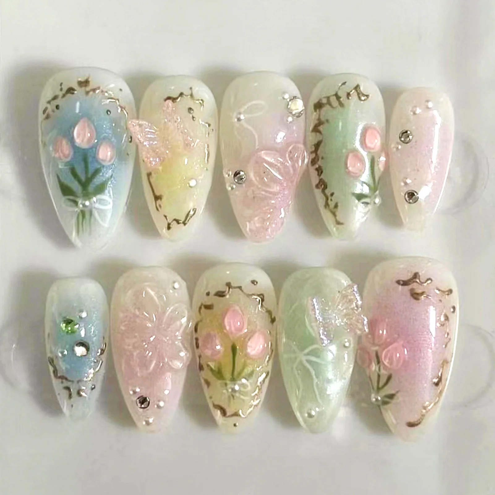 Colorful Smudging Fake Nails with Flower Decor Natural Unbreakable Nail Simple Wear for Girlfriend Wife Women and Girl