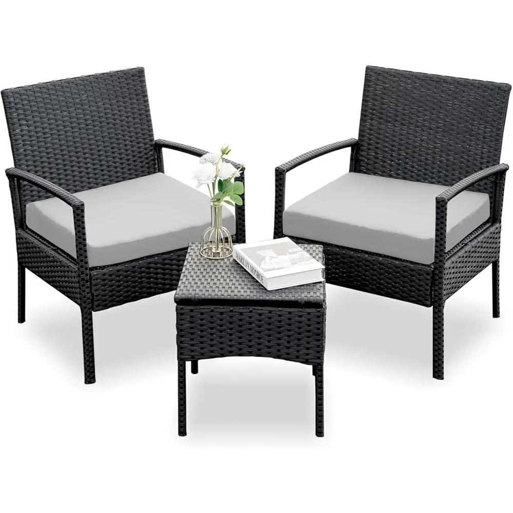 

Outdoor Furniture 3 Piece Patio Bistro Set, Rattan Conversation Chairs Set with Side Table and Cushions, Porch Set Patio Furnitu