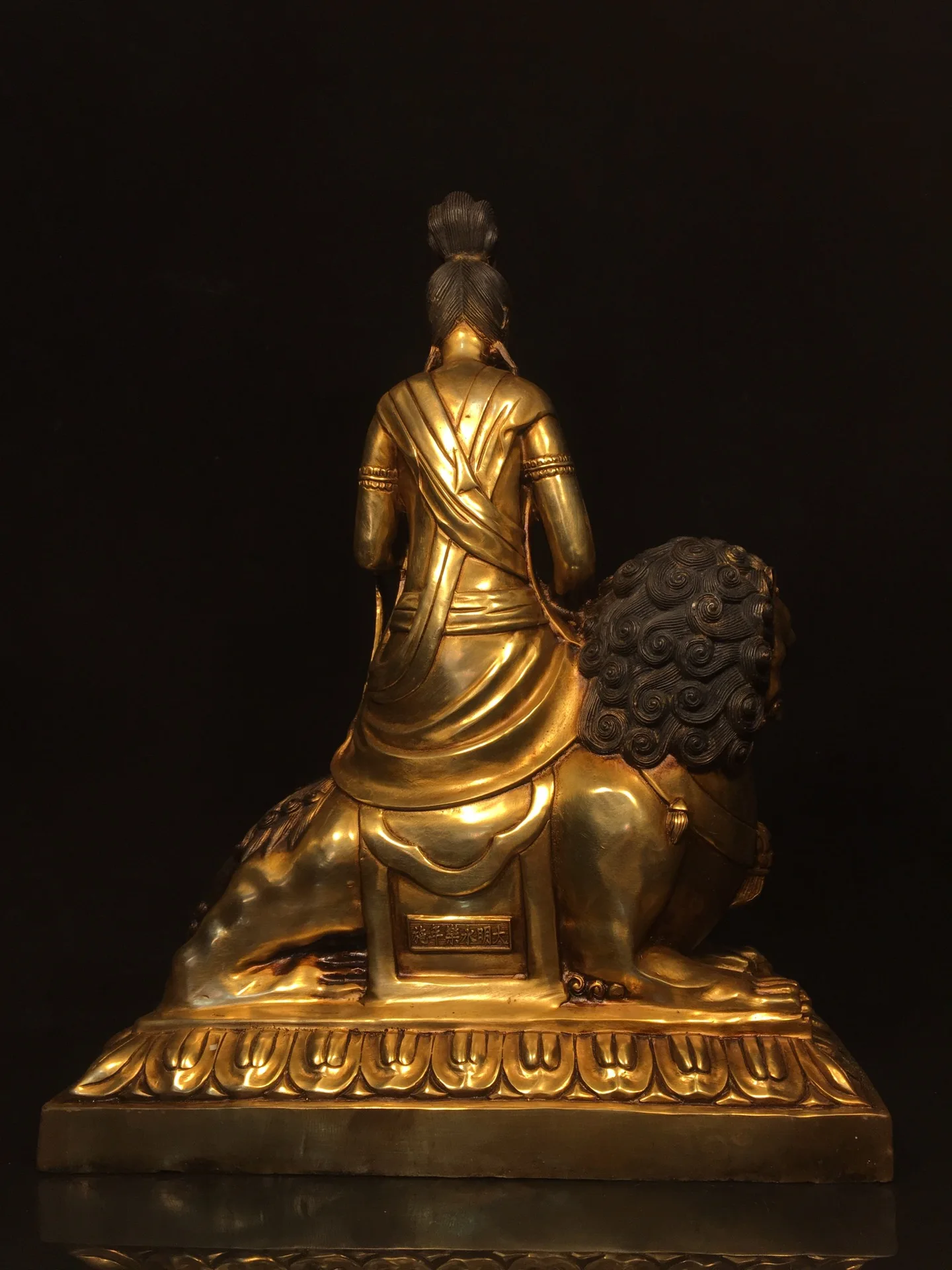 

18"Tibetan Temple Collection Old Bronze Gilded Cinnabar High Relief Manjusri Bodhisattva Sitting Buddha Mount Worship Hall