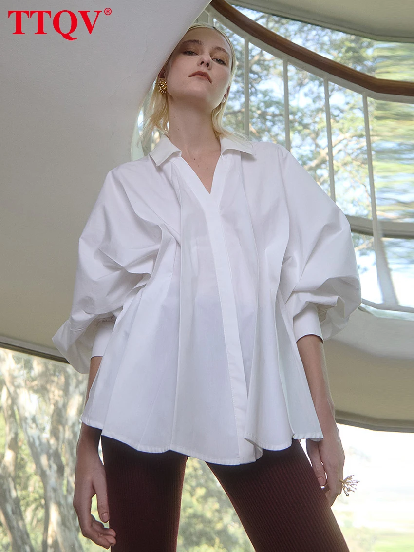 

TTQV Fashion Loose White Cotton Women's Blouse 2026 Casual Lapel Long Sleeve Shirt Elegant Classic Solid Top Female Clothing