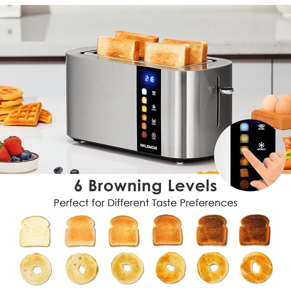 4 Slice Toaster Stainless Steel Touch Screen Toaster LED Display Extra Wide Slots Bagel Defrost Reheat Cancel Functions Easy