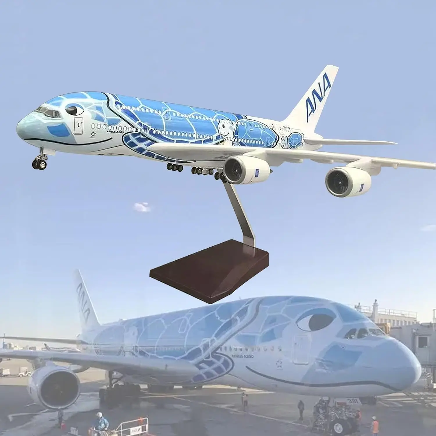 

47cm Scale 1/160 A380 Airbus Resin Model Airplane Cartoon Turtle Design with Light And Wheels for Home Decoration Collection