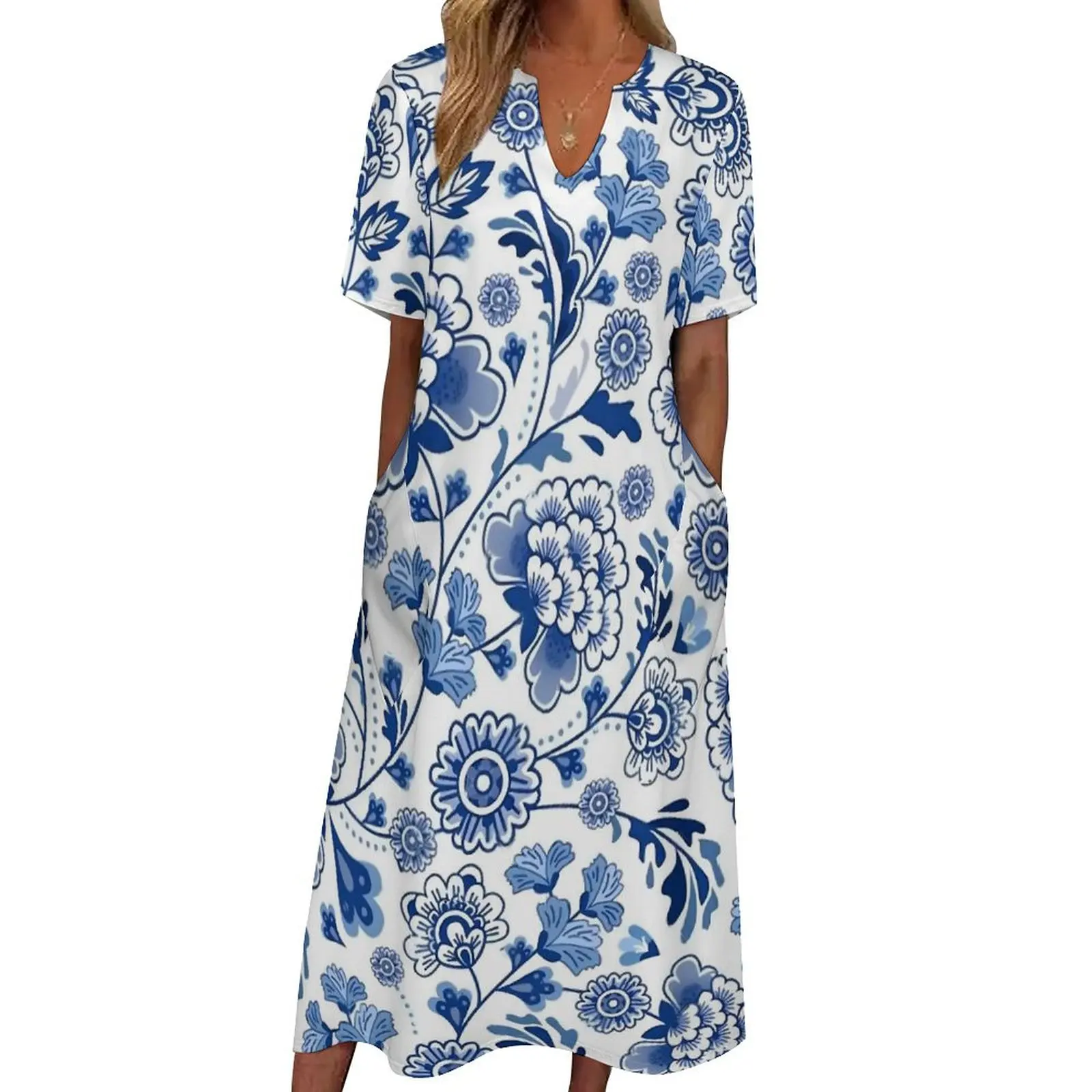 Blauwe Bloemenjurk Zomer Chinese Porselein Design Street Fashion Casual Lange Jurken Dames Print Schattige Maxi Jurk Big Size 5xl