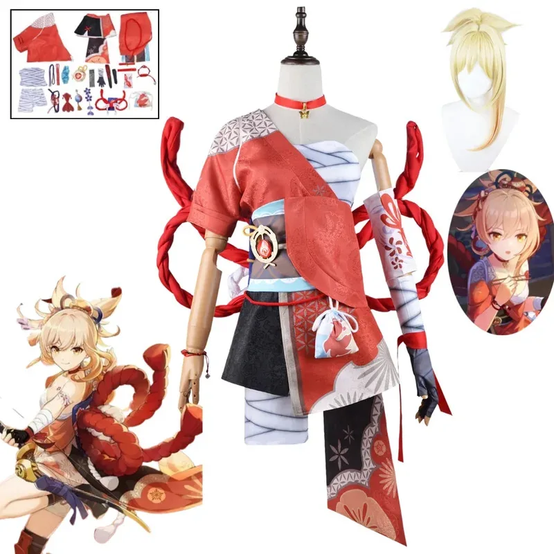 

Anime Game Genshin Impact Yoimiya Cosplay Costume Battle Suit Red Uniform Short Skirt Halloween Carnival Party Costume