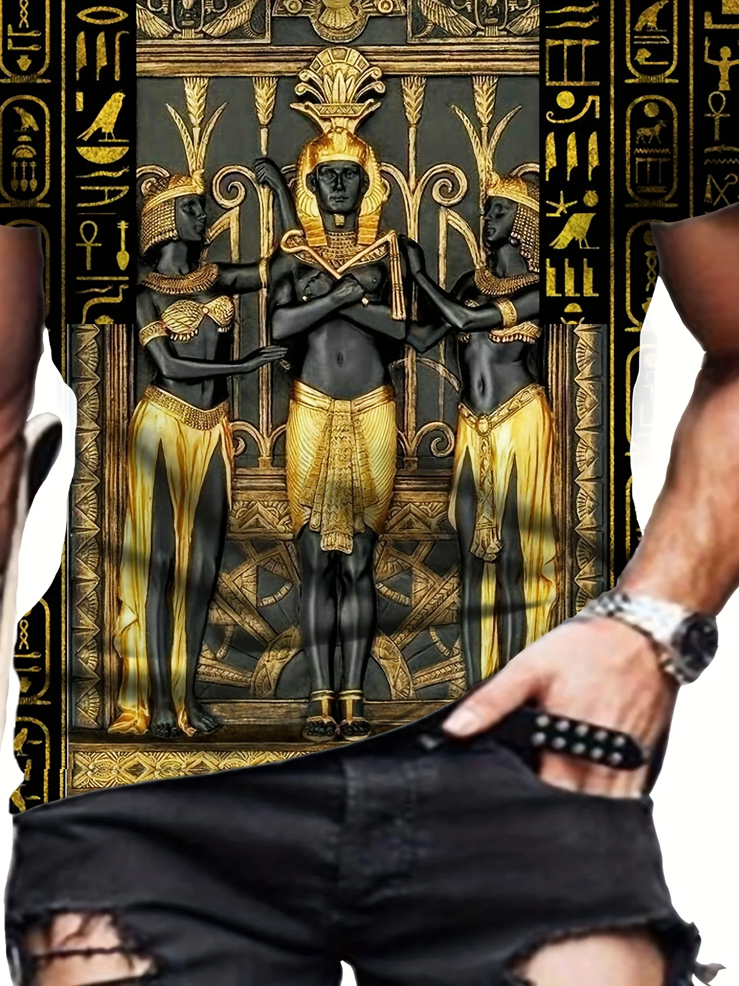 Camiseta de talla grande de manga corta con cuello redondo y estampado de patrón de Egipto en 3D para hombre, camiseta ligera y versátil para uso diario en verano