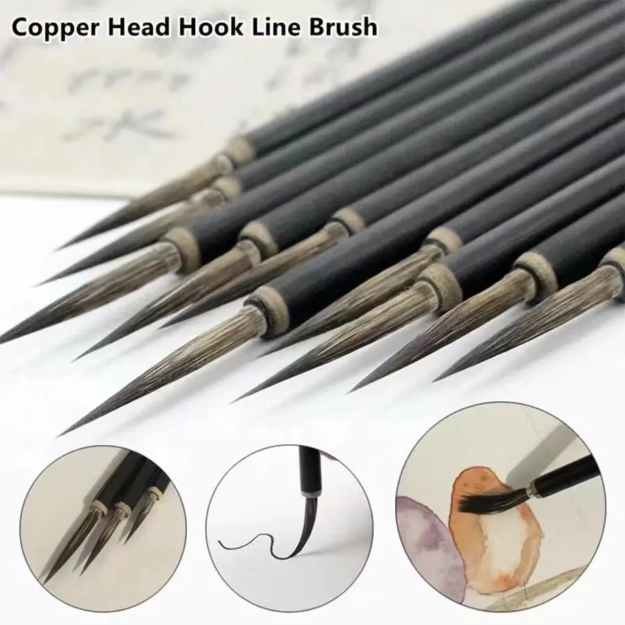 Chinese Calligraphy Brush Set Copper Head Hook Line Hair Fine Paint Brushes Ceramic Handle Art Supplies Painting