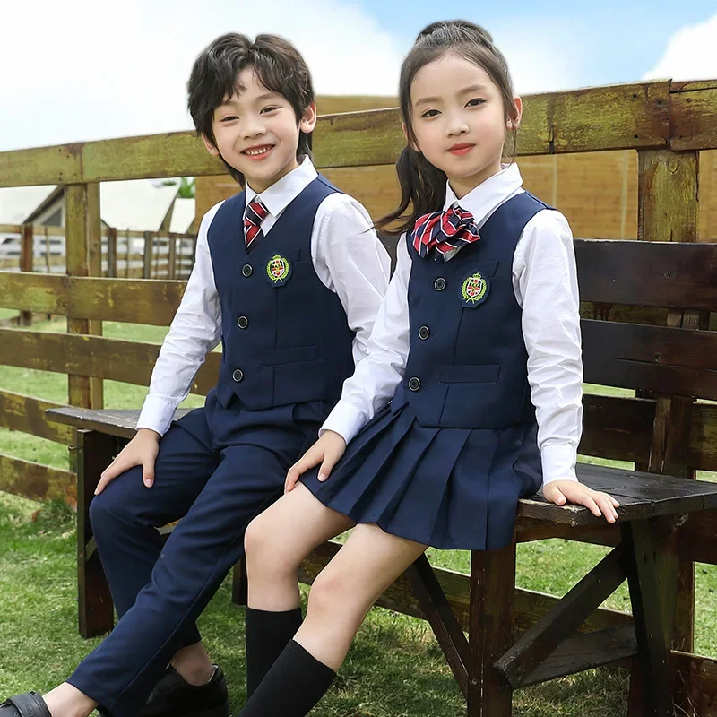 子供の日本の制服セット、学生服、スーツ、スカート、パンツ、ウエストコート、ベスト、ネクタイ、白いシャツ、男の子、女の子、韓国、日本、女の子