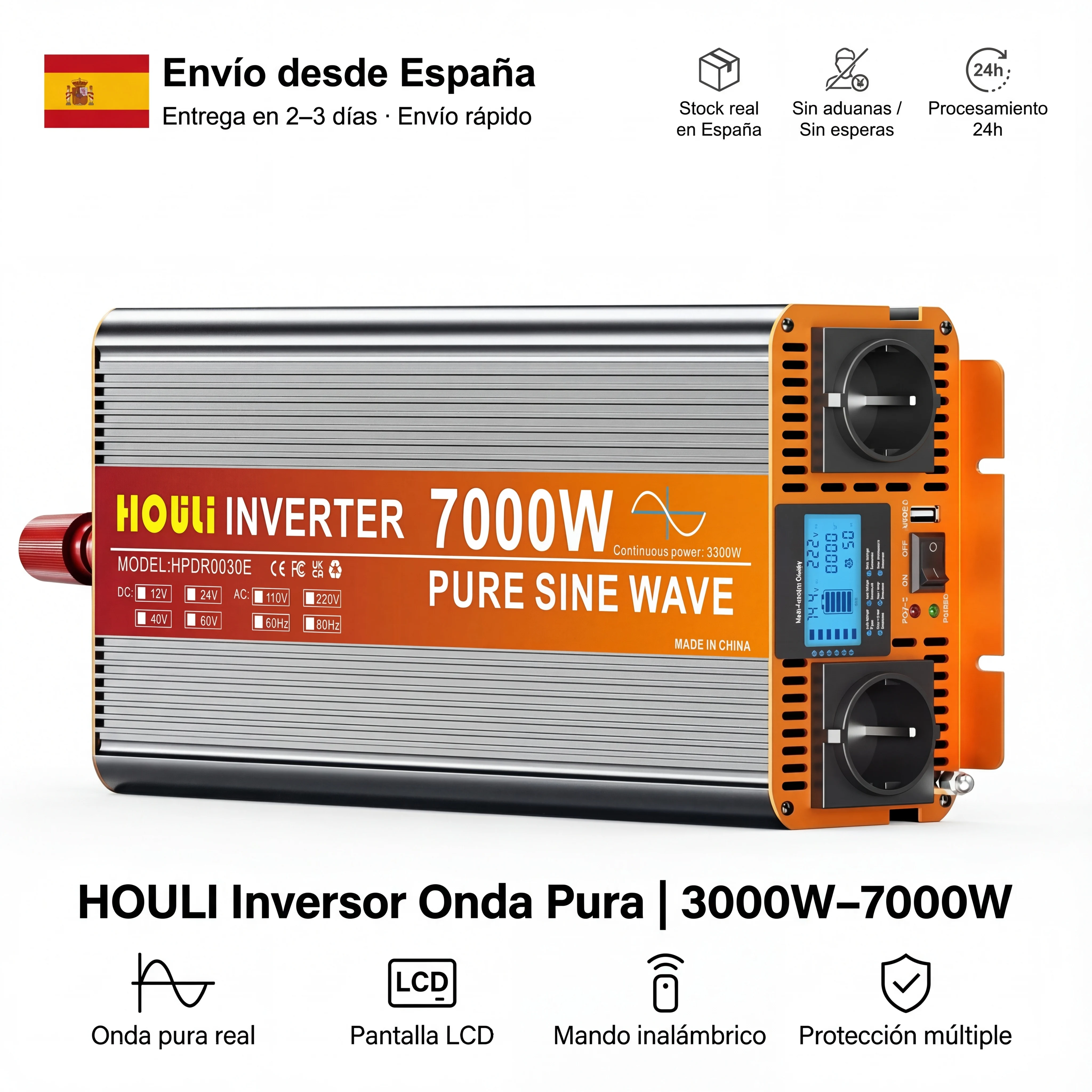 Convertisseurs 12v 220v de puissance à onde sinusoïdale onduleur solaire pure 12V/24V vers 220V, 3000W à 7000W pour camping-cars, voitures, caravanes et camions, avec écran LCD,usb et télécommande