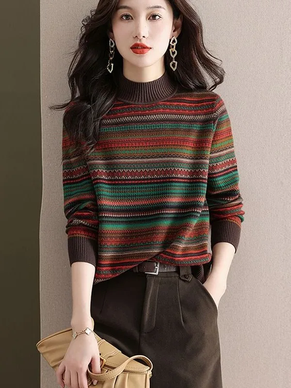 

High-End Retro Striped Loose Women's Camere Sweater f High Ne Versatile Casual Knitted Long Sve Daily Wear