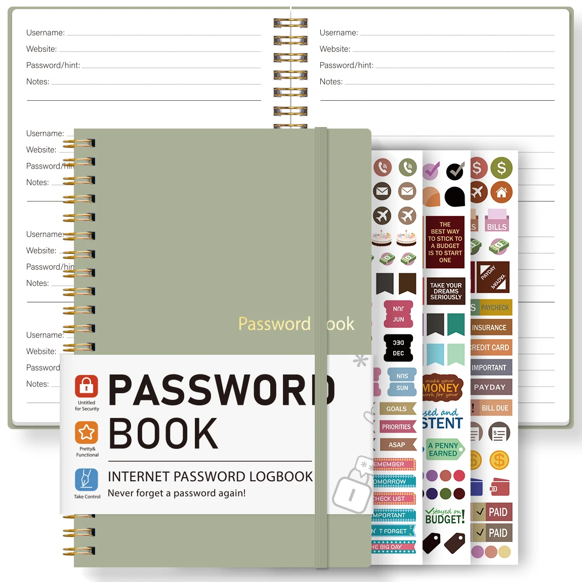 A5 Pink Password Book, Internet Address & Account Logbook with Password Hint Pages, Stickers, Spiral Bound