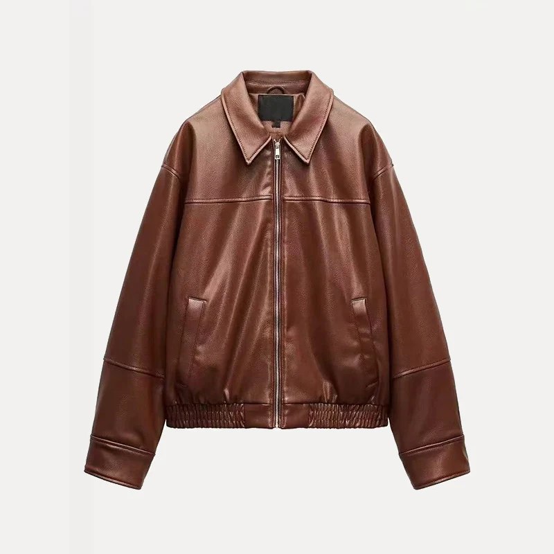 Faionable Pilot Jaet Outerwear Women's Spring New PU Leather Long Sve Street Sle Regular Length Collar Z 439859