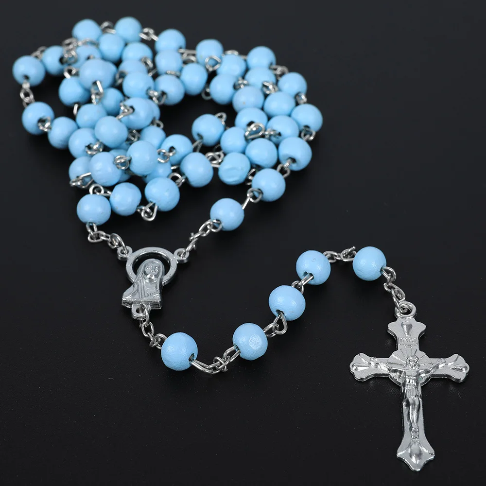 Wooden Religious Rosary Necklace For Women Men 6MM Wood Beads Long Y Chain Crucifix Cross Pendant Prayer Party Jewelry