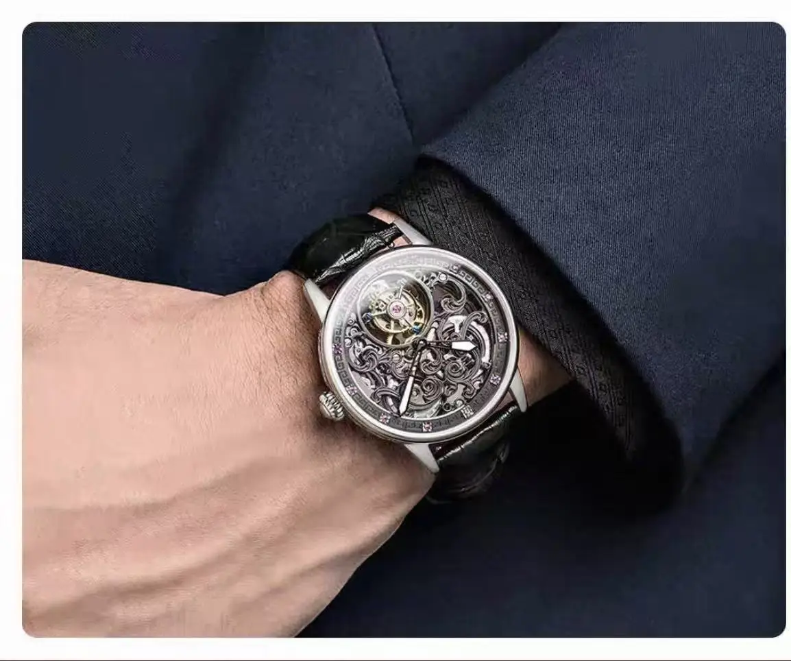 Fashionable fully hollowed out tourbillon mechanical watch, sapphire crystal tourbillon movement, men's watch