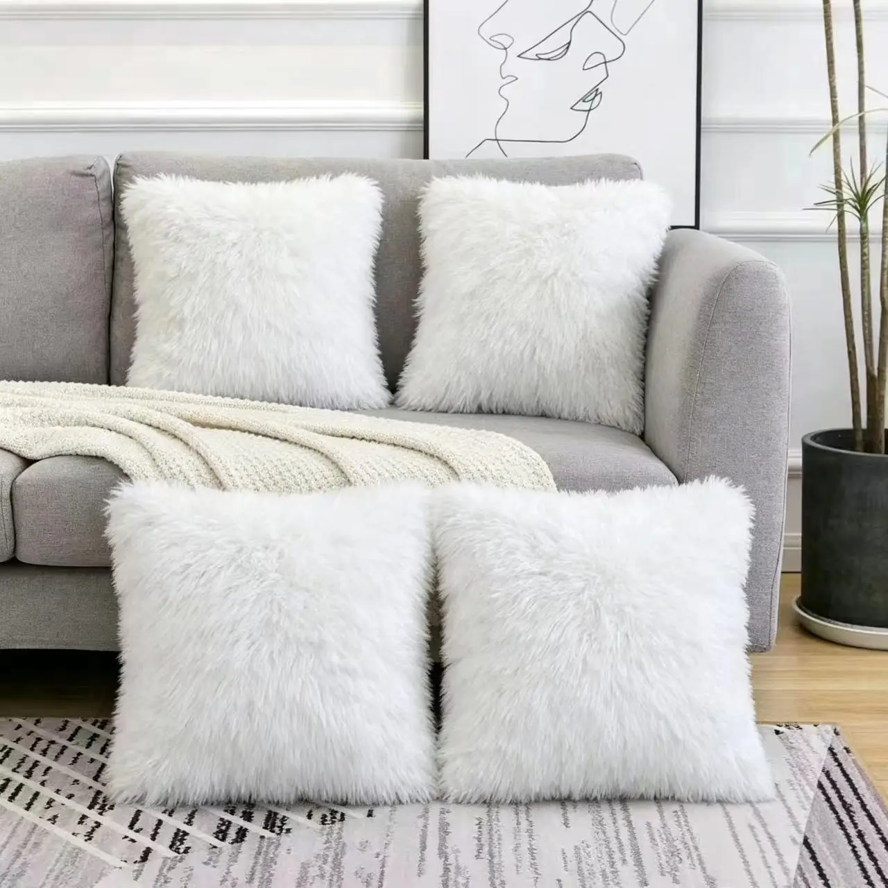 4Pcs Solid Plush Pillow Covers 18×18in, Faux Fur Fluffy Decorative Sofa Cushion Cover No Insert