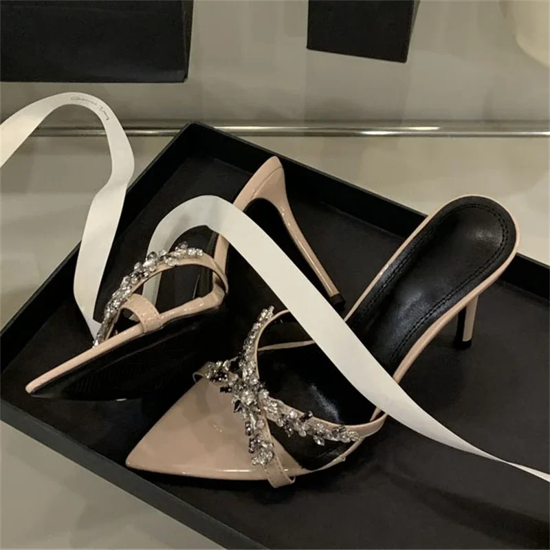 

Eilyken Summer Sexy Narrow Band Slipper Women Fashion CRYSTAL Pointed Toe High Heels Stripper Party Mule Slides Shoes