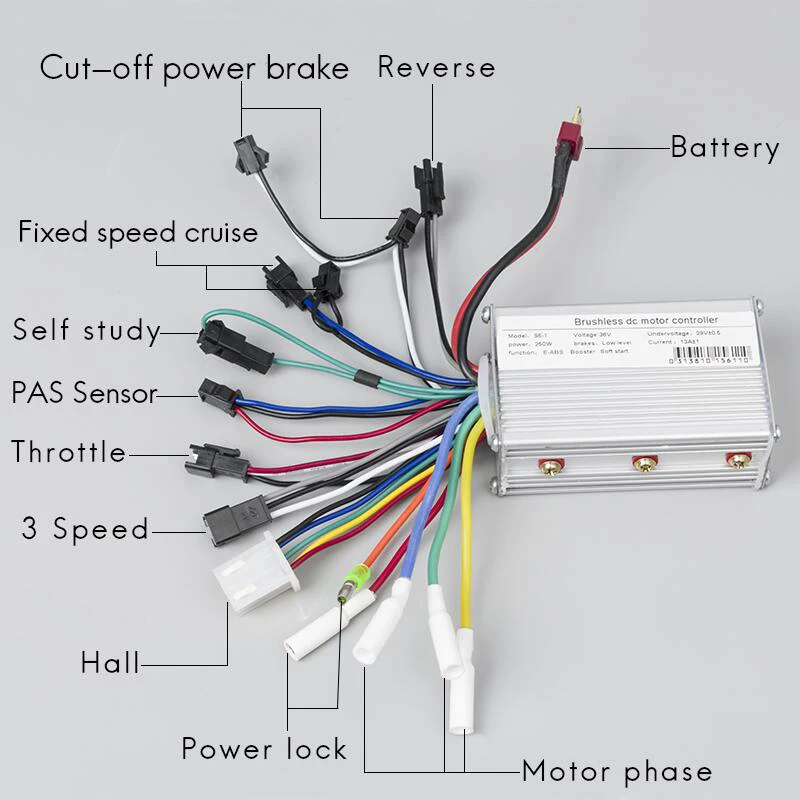 24V 36V 48V 250W 350W DC Speed Controller With Hall E-Brake Sensor Reverse 13A 6Mosfet Brushless Motor Electric Bicycle Scooter