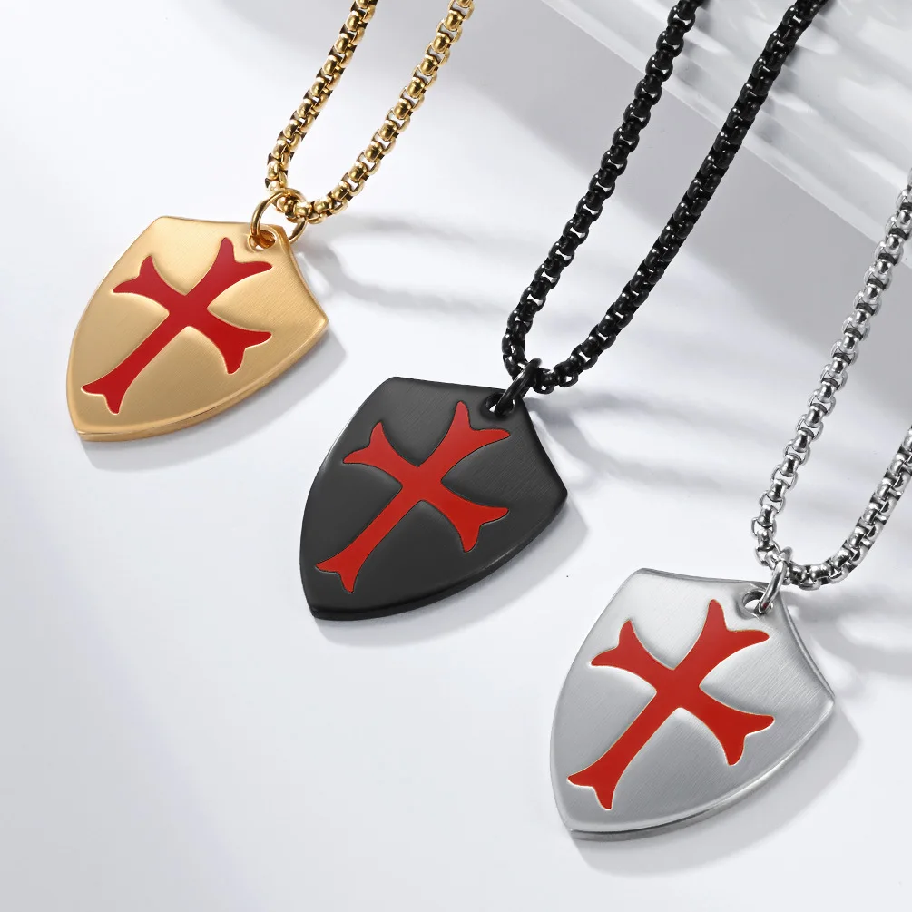 Men's Retro Cross Expeditionary Force Shield Stainless Steel Necklace Party Jewelry