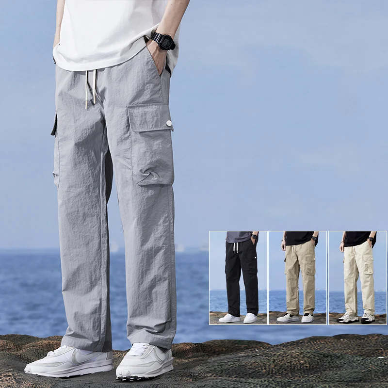 

Men Soft Lyocell Fabric Lightweight Pants Breathable Loose Straight Drawstring Elastic Waist Trousers Male Quick Dry Cargo Pants