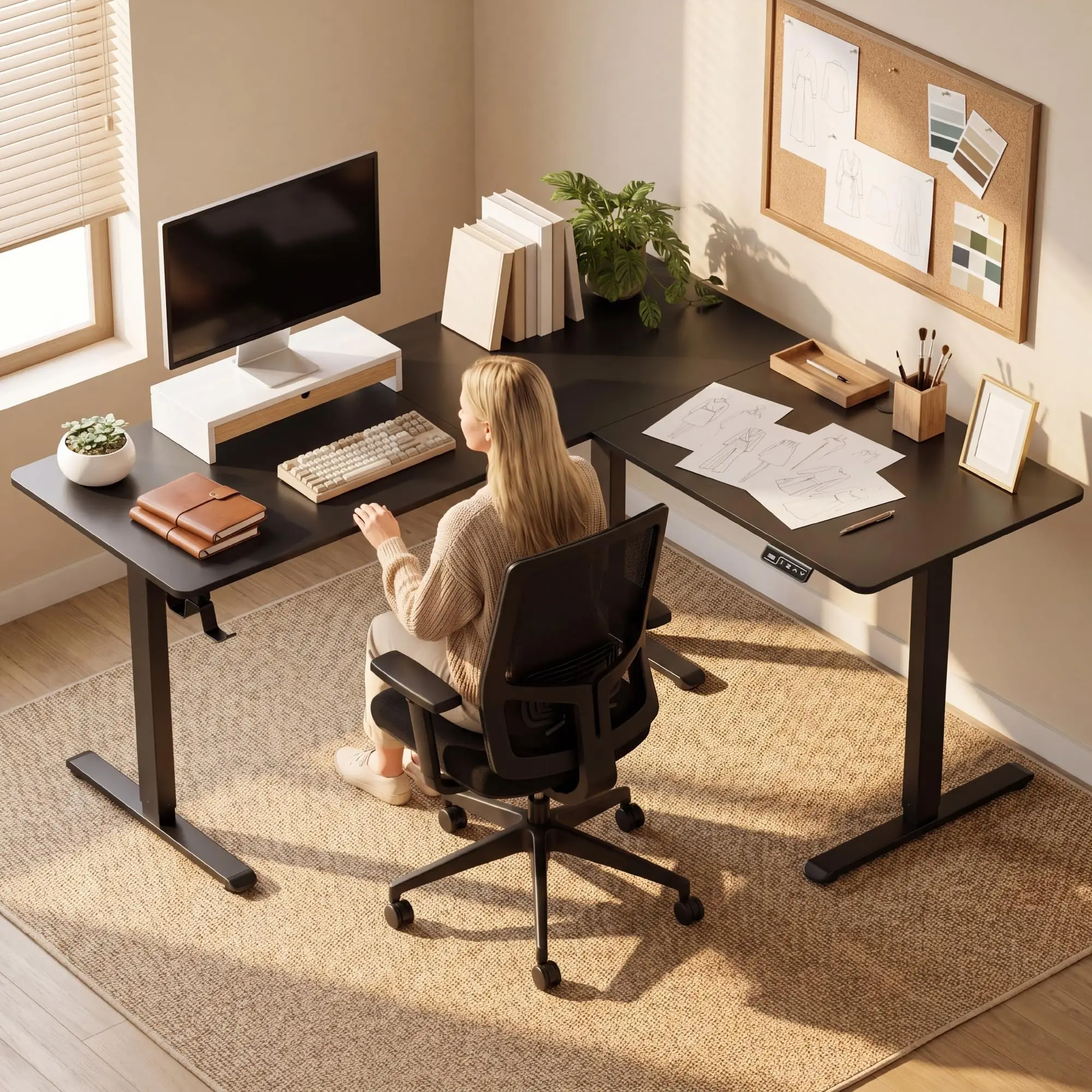 63 x 55 Inch L Shaped Standing Desk with 2 Preset Heights, Electric Height Adjustable Computer Table, 2 Hooks & Feet