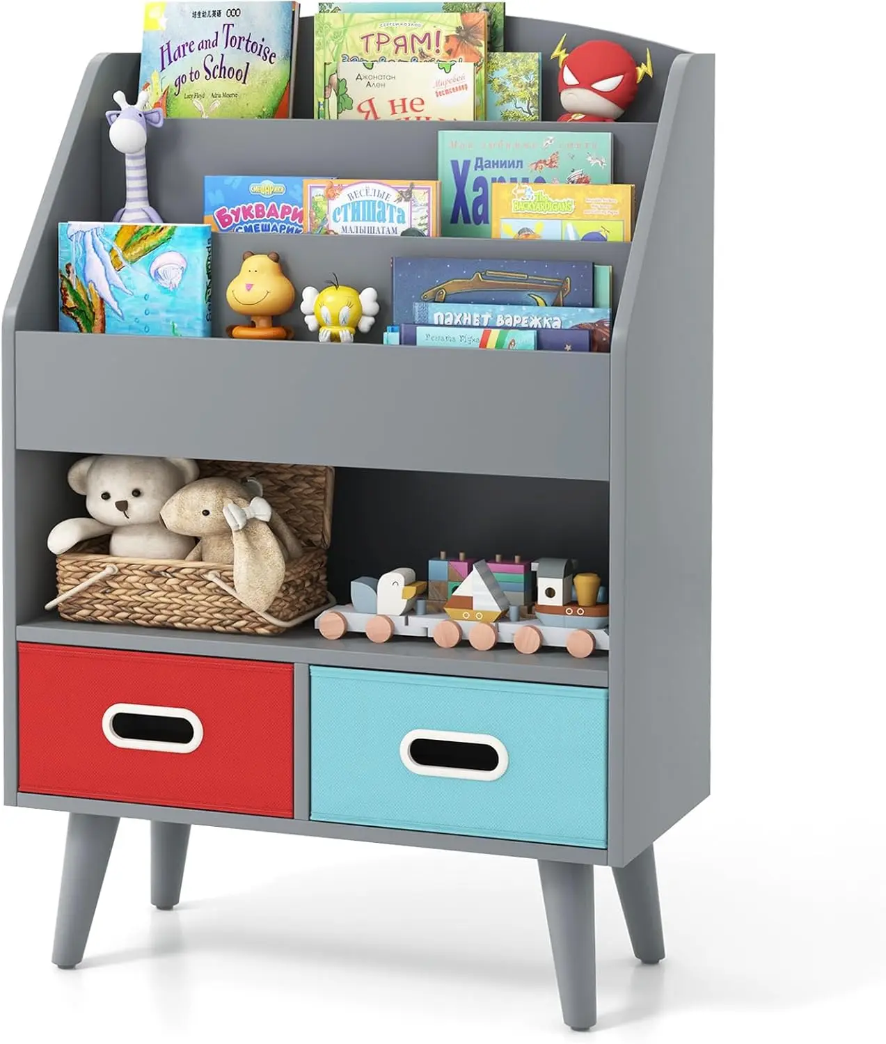 

Kids Bookshelf, Wooden Book Shelf For Kids Rooms With Toy Storage Organizer, Easy Reach Toddler Children Bookshelf With 2 Cube