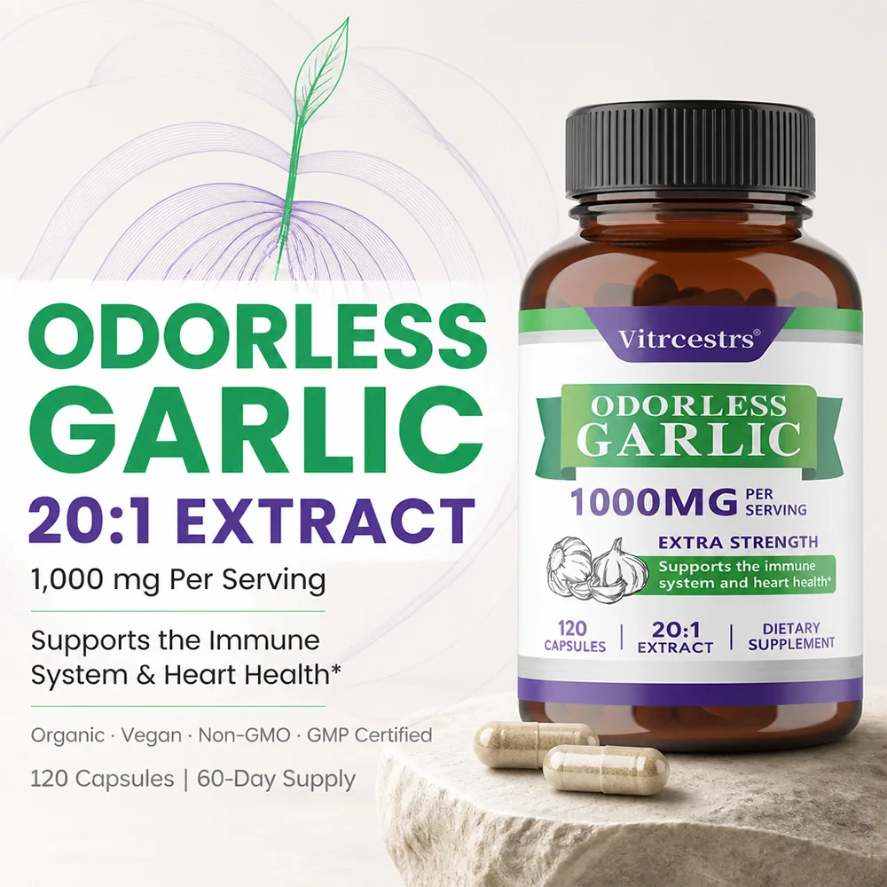 Odorless Garlic Capsules 1000mg, Support Heart Cardiovascular Health, Balance Cholesterol, Boost Immunity & Digestive Wellness