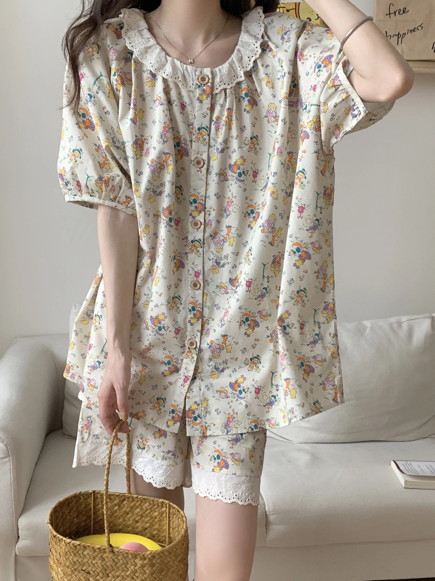 

Korean Style Sweet Lace Trim Sleepwear Women's Summer New Short Sleeve Open Cardigan High-End Feeling Home Clothes Set