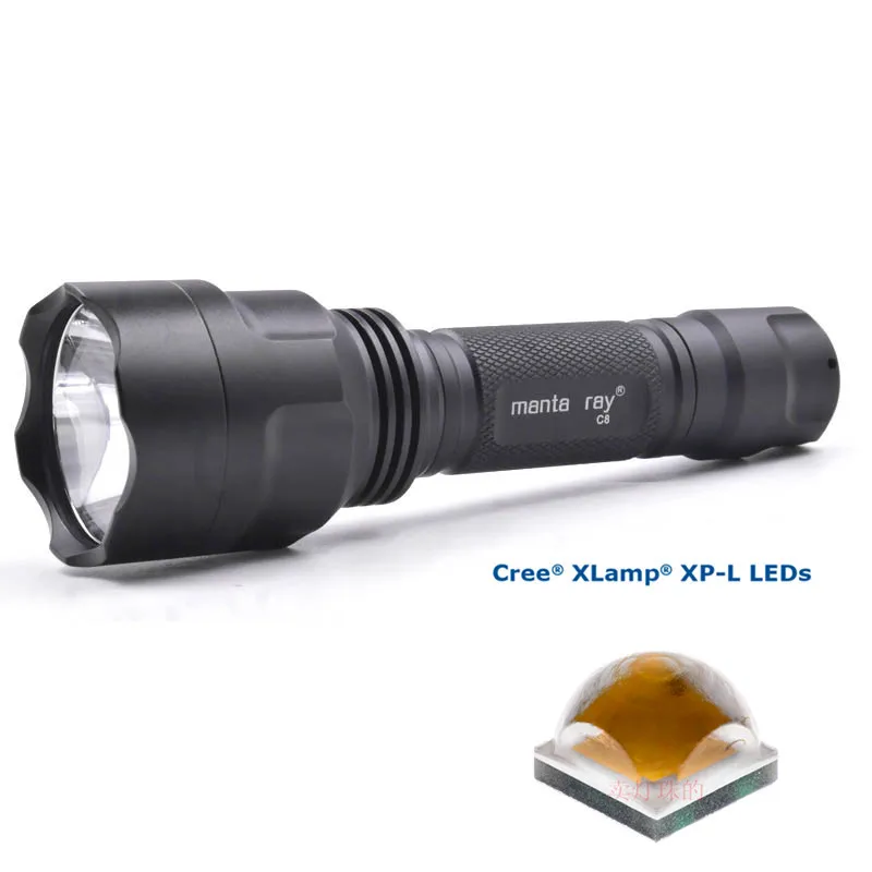 2pcs MantaRay C8 CREE XP-L V5 1600LM LED 12W 5-Level White Light High Beam Rechargeable Outdoor Flashlight 18650 Battery