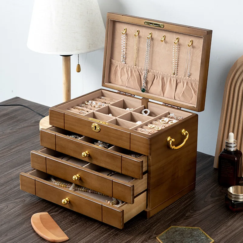 

Vintage Solid Wood Jewelry Box with Lock Exquisite Storage Organizer for Necklaces Earrings Rings