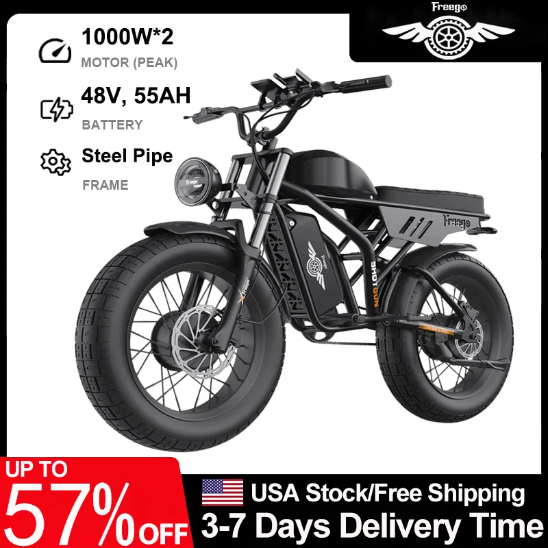 

Freego F3 Electric Bike for Adults Dual Motor 55Ah Dual Battery 25-inch Fat Tires Off Road Electric Bicycle E Bike UL Certified