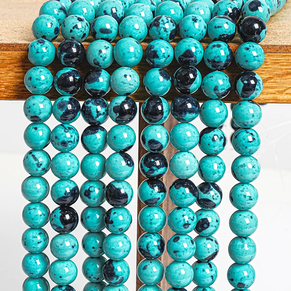 Aqua Blue & Black Rain Flower Jade Loose Beads AAA Smooth Round Gemstone Beads For DIY Jewelry Making Bracelet Earrings 6/8/10mm