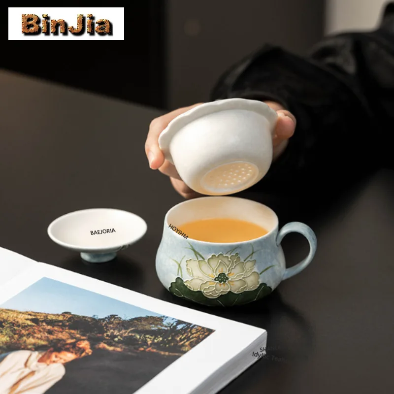 

180ml Hand-painted Lotus Filter Tea Separator Cup Traditional Tea Mug With Infuser Household Tea Maker Office Water Cup Craft
