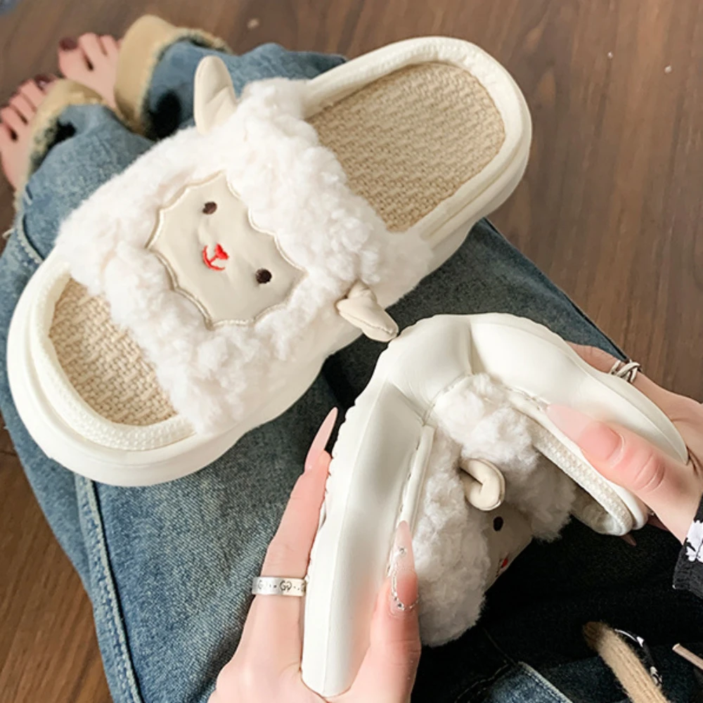 Cute Lamb Ladies Soft Sole Casual Couple Style New Shoes Ventilated Comfortable Pattern Design Non-slip Linen Home Slippers