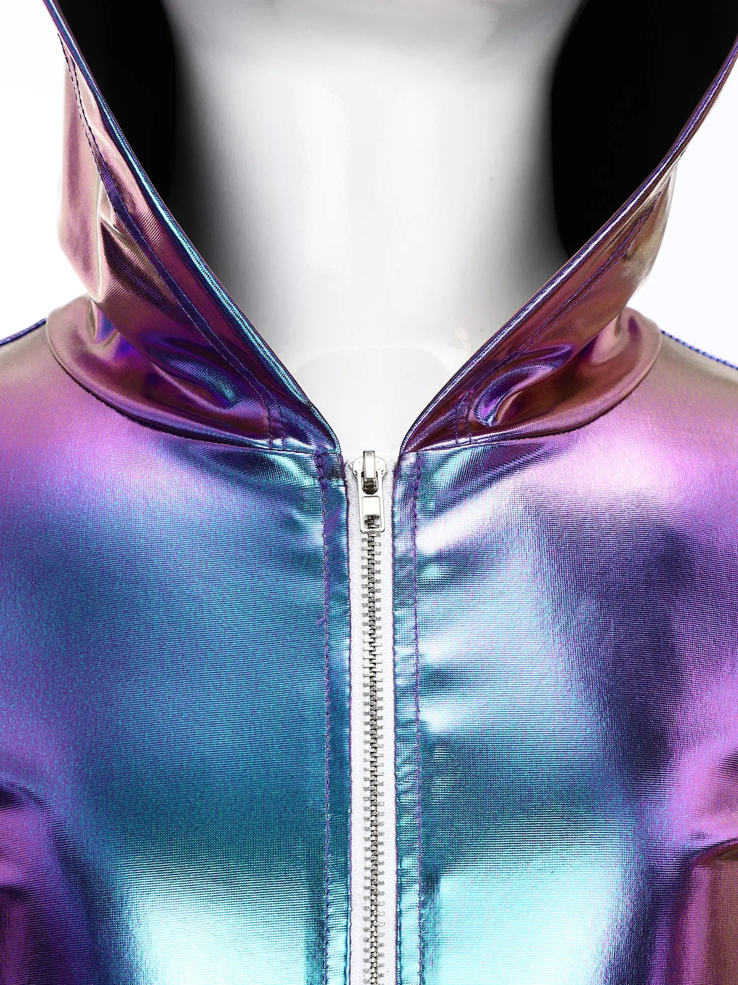 Costume cosplay da astronauta per bambini unisex a maniche lunghe con cerniera metallizzata lucida spazio alieno tuta con cappuccio robot festa a tema Halloween