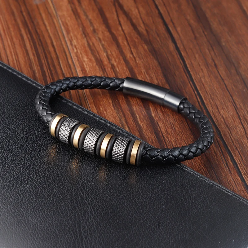 New Style Male Bracelet with Stainless Steel Beads Punk Braided Leather Bracelets Jewelry for Men 2022 Surprise Gift