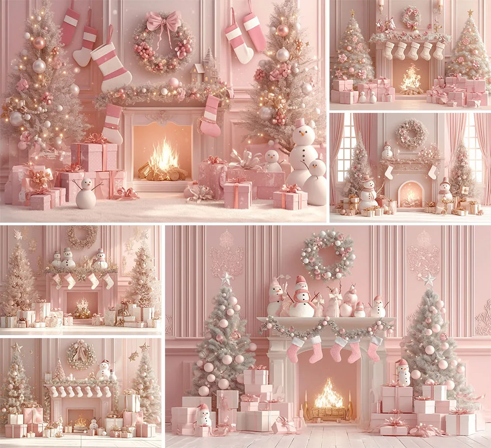 Mehofond Photography Backdrop Pink Christmas Fireplace Family Holiday Portrait White Toy Car Snowmen Gift Boxes Background Photo