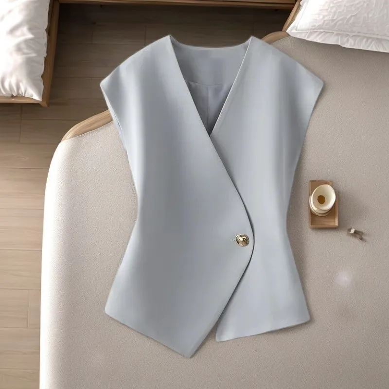 

Commuting Temperament Asymmetric Suit Vest Sleeveless Tank Women Tops One Button Waist Slim Fashion Chic Office Ladies Color Top