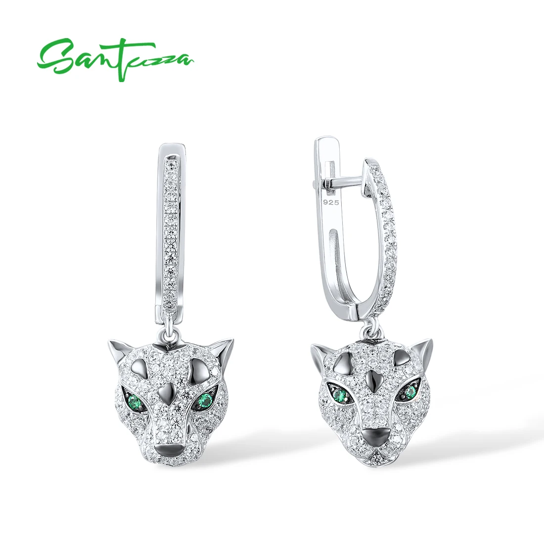 SANTUZZA Pure 925 Silver Dangling Earrings For Women Sterling Silver Sparkling Green Spinel White CZ Animal Fine Chic Jewelry