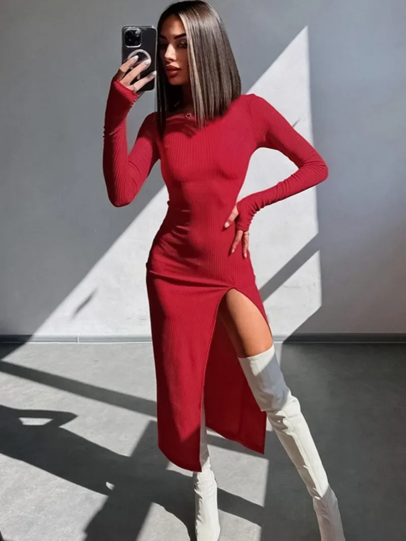 

Women Sexy O-neck High Slit Mid-calf Red Dress Streetwear 2024 Fall Long Sleeve Bodycon Backless Bandage Party Dresses Clubwear