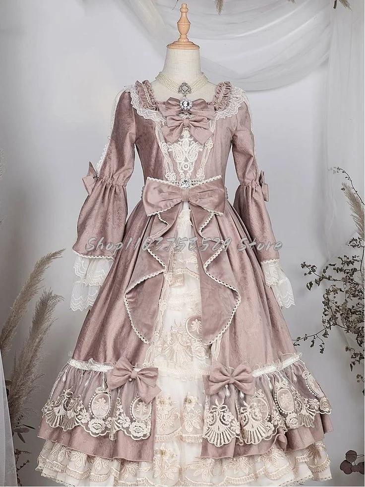 Elegant Pink and White Lolita Prom Dresses Delicate Square Neck Bow Long Sleeve Lace Tiered Beaded Applique Rococo Custom Dress