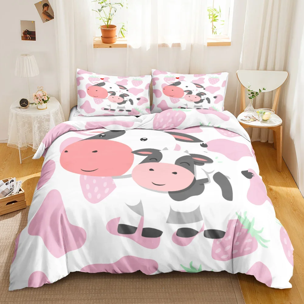 Cow Print Duvet Cover Animal Cow Doodle Cartoon Drawing Farming Husbandry Sunflower Polyester Bedding Set Twin Queen King Size