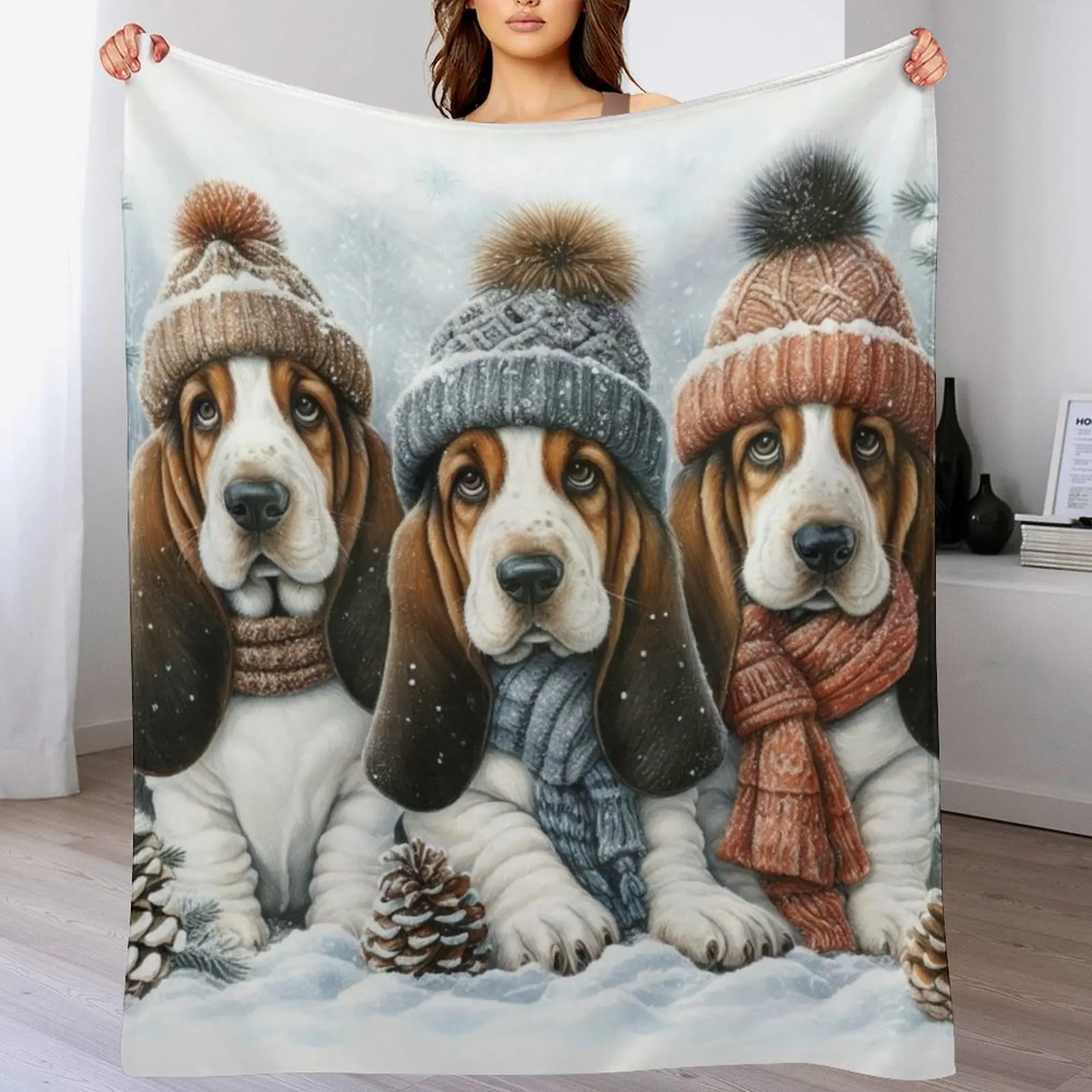 Basset Hound Puppies in Winter Hats and Scarves Throw Blanket Cozy Throw Blanket for Bed Sofa Chair