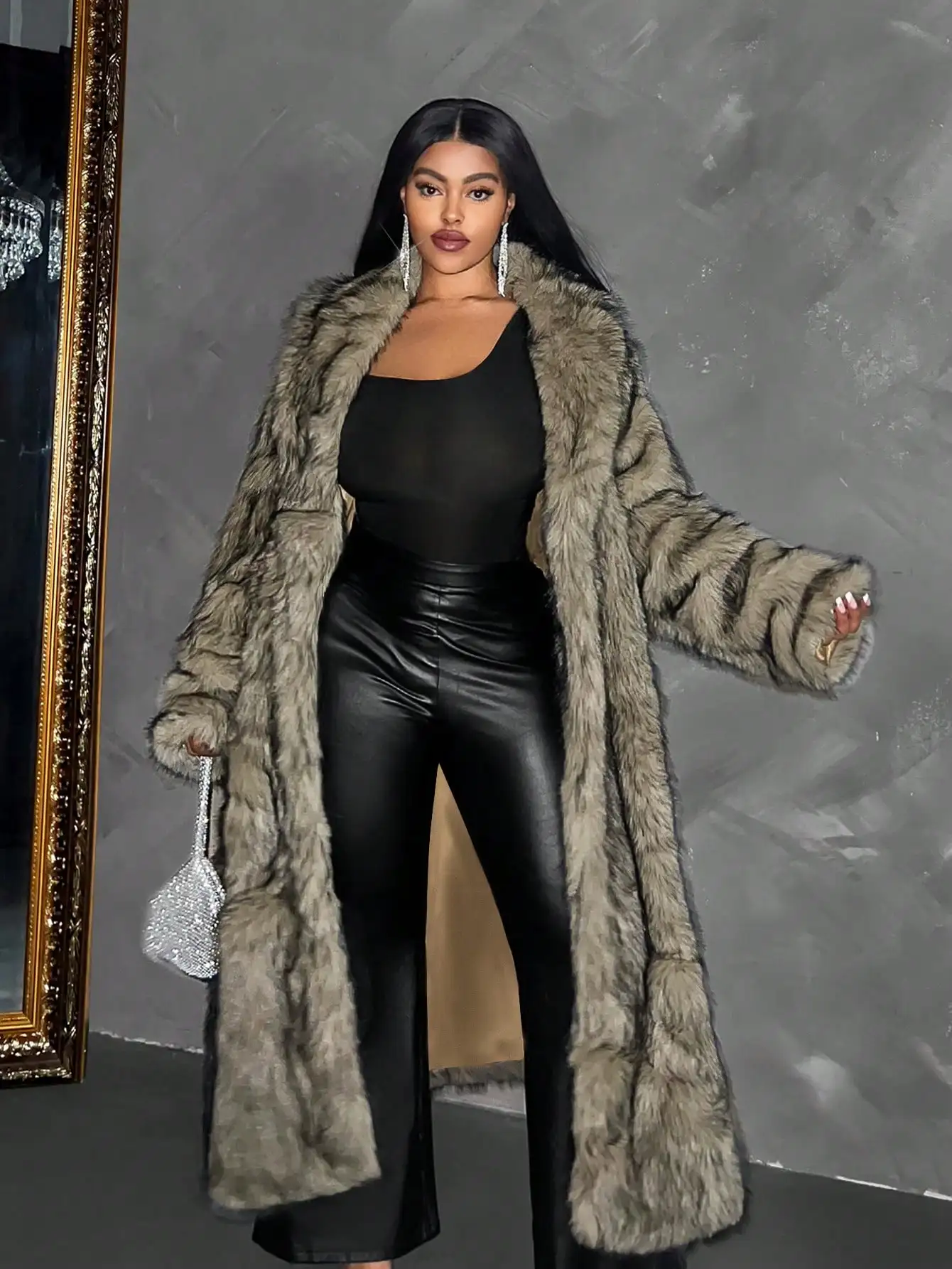 

Женское очень длинное пальто из искусственного меха больших размеров для зимы, однотонное, свободного кроя