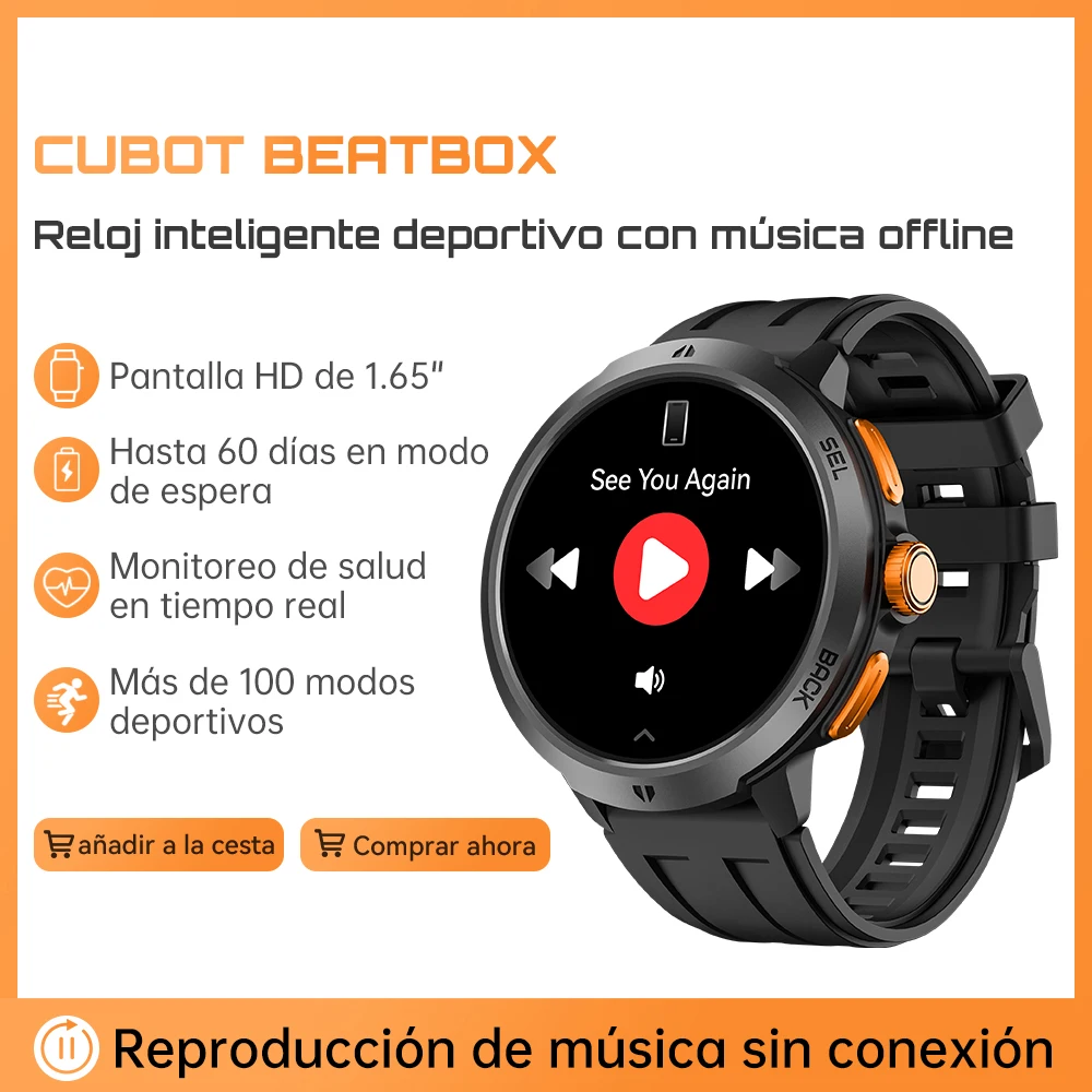 Reloj inteligente Cubot Beatbox, reproducción de música sin conexión, pantalla grande de 1,65 pulgadas, llamadas Bluetooth y asistente de voz, batería mega de 730 mAh, resistente al agua hasta 1 ATM, relojes smartwatch para hombre & mujer