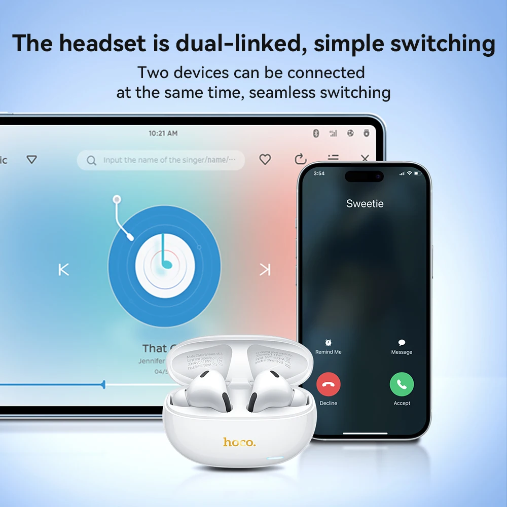 HOCO EW60 True Wireless Bluetooth Earphone BT5.3 HeadphoneS TWS Earbuds With Microphone Music Earphones For iphone 16 Pro Huawei