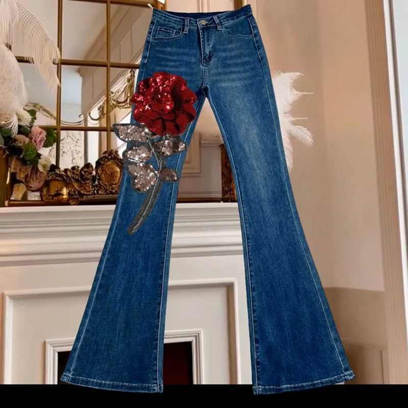 

High waisted red rose sequin decorated micro flared jeans for women in autumn 2025 slim fit and stretchy flared pants