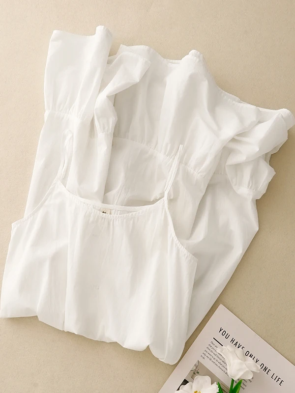 Summer Thin Cotton Linen Strap Dress Women's Base Layer White Color Block Sweet Style Long Skirt round Neckline No Sleeve