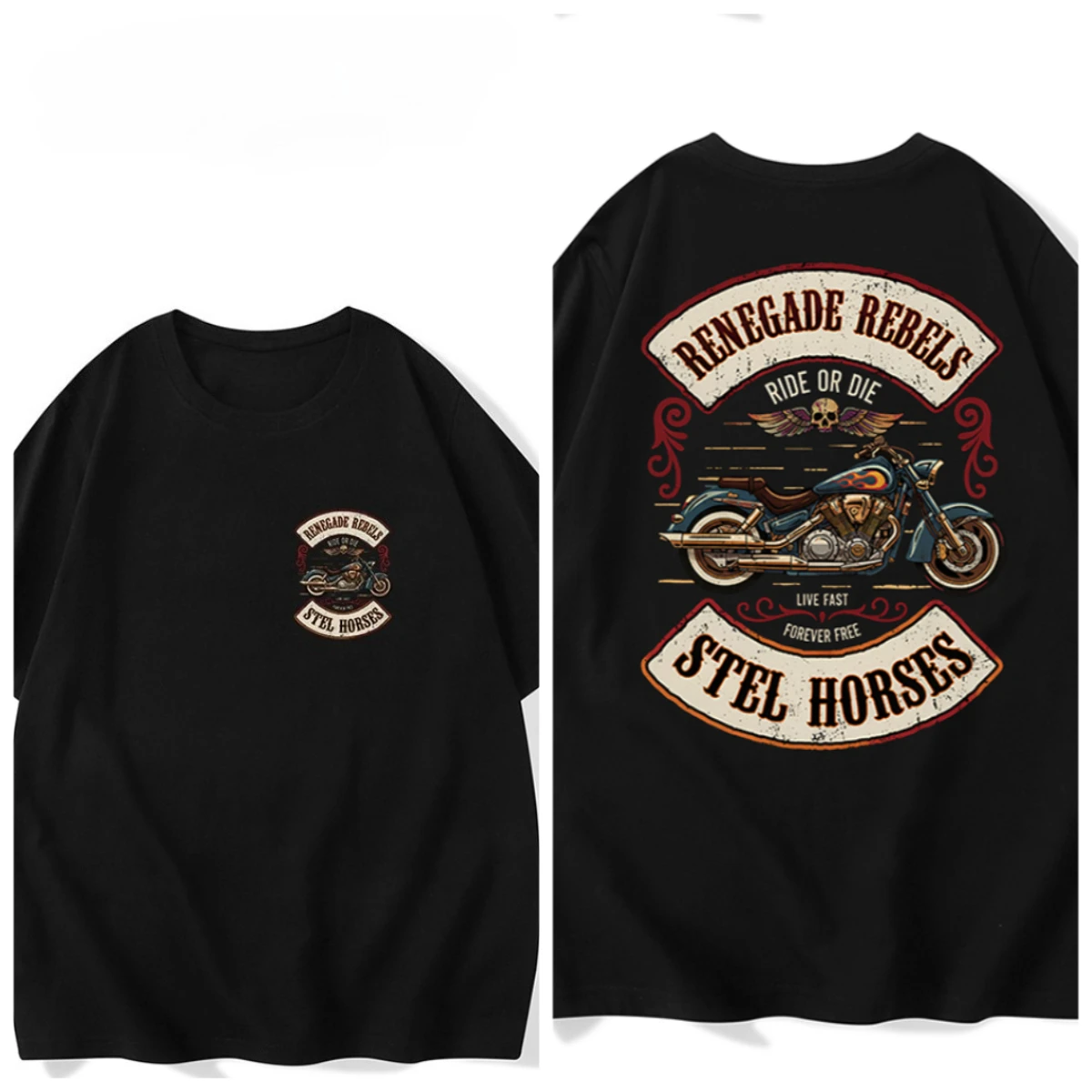 فاسق الأمريكية الشارع الشهير العلامة التجارية دراجة نارية الجمجمة قصيرة الأكمام تي شيرت طباعة الرجال والنساء الصيف والخريف والشتاء بلايز